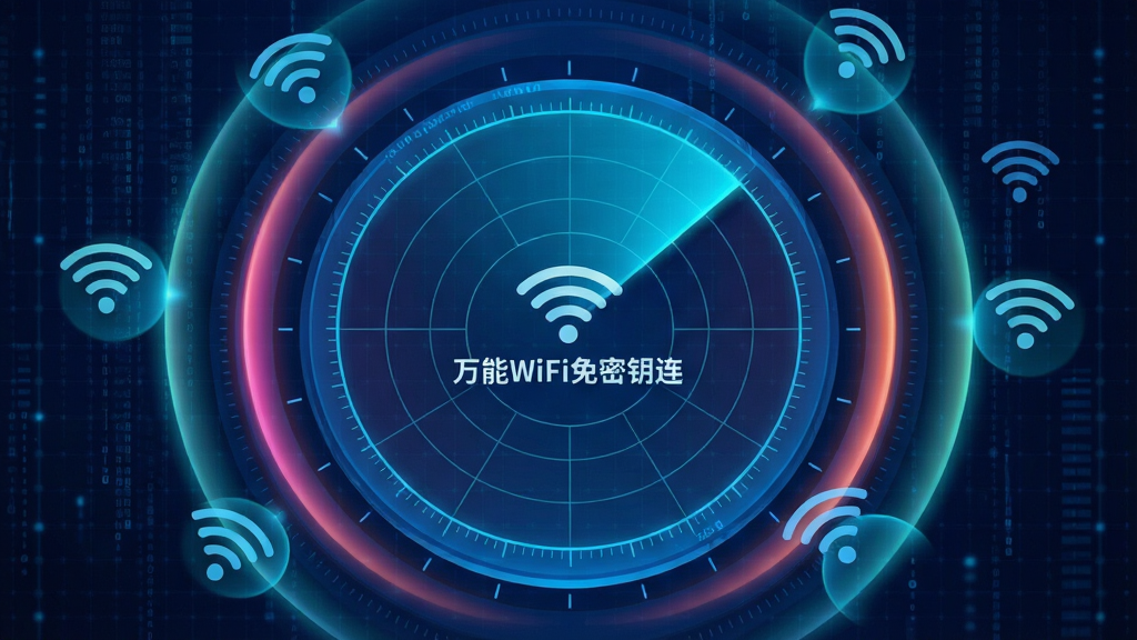 画面主体是一个发光的雷达扫描圆盘,圆盘中心是万能WiFi免密钥连的图标,雷达波向外扩散,扫描到周围漂浮着多个WiFi信号图标。布局采用俯视视角,排版以雷达图为中心向外辐射。风格为未来科技感,细节上雷达波有渐变的光晕效果,背景是深蓝色的数据流网格。画质清晰锐利,画面干净,无多余元素,雷达中心文字为“万能WiFi免密钥连”。
