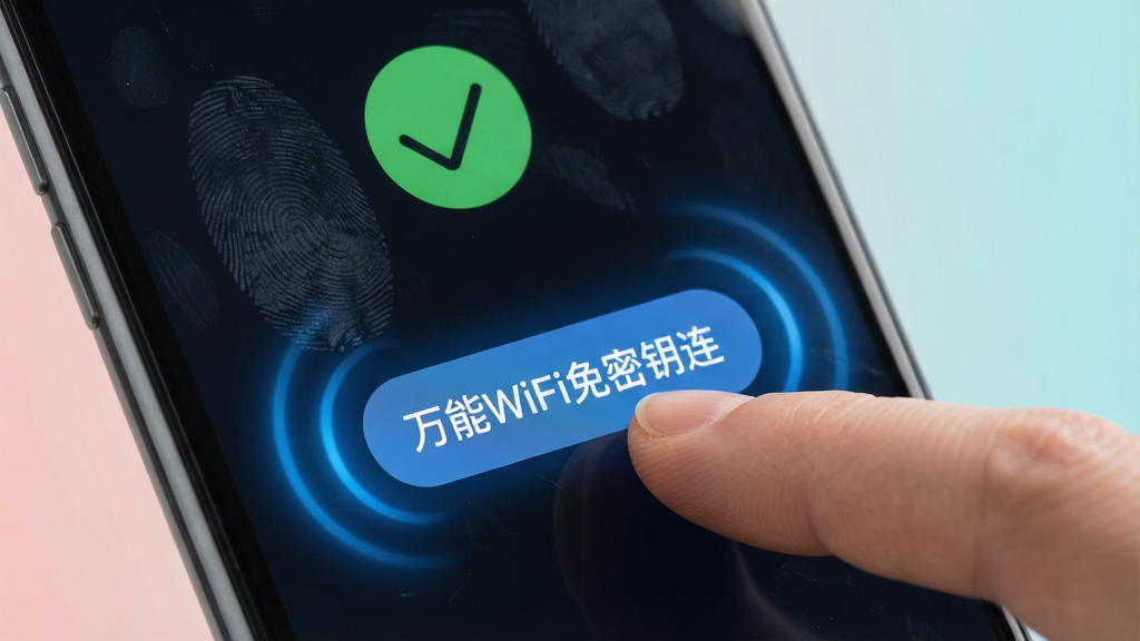 画面主体是一只手指轻轻点击手机屏幕上的万能WiFi免密钥连连接按钮,按钮周围散发出蓝色的光波,屏幕上方显示连接成功的对勾图标。布局为特写镜头,排版突出手指与屏幕的交互。风格为现代简约UI风格,细节上手机屏幕有轻微的指纹痕迹,背景是柔和的纯色渐变。画质为8K超高清,画面干净,无多余元素,按钮上文字为“万能WiFi免密钥连”。