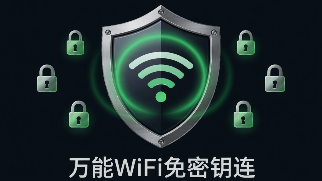 画面主体是一个盾牌形状的安全图标,盾牌中央是万能WiFi免密钥连的Logo,盾牌表面反射出周围WiFi信号的绿色安全光晕。布局采用居中对称构图,排版上盾牌位于正中央,四周环绕着代表数据加密的锁形符号。风格为扁平化安全主题,细节上盾牌有金属质感,背景是深邃的暗色系。画质细腻,画面干净,无多余元素,盾牌下方文字为“万能WiFi免密钥连”。