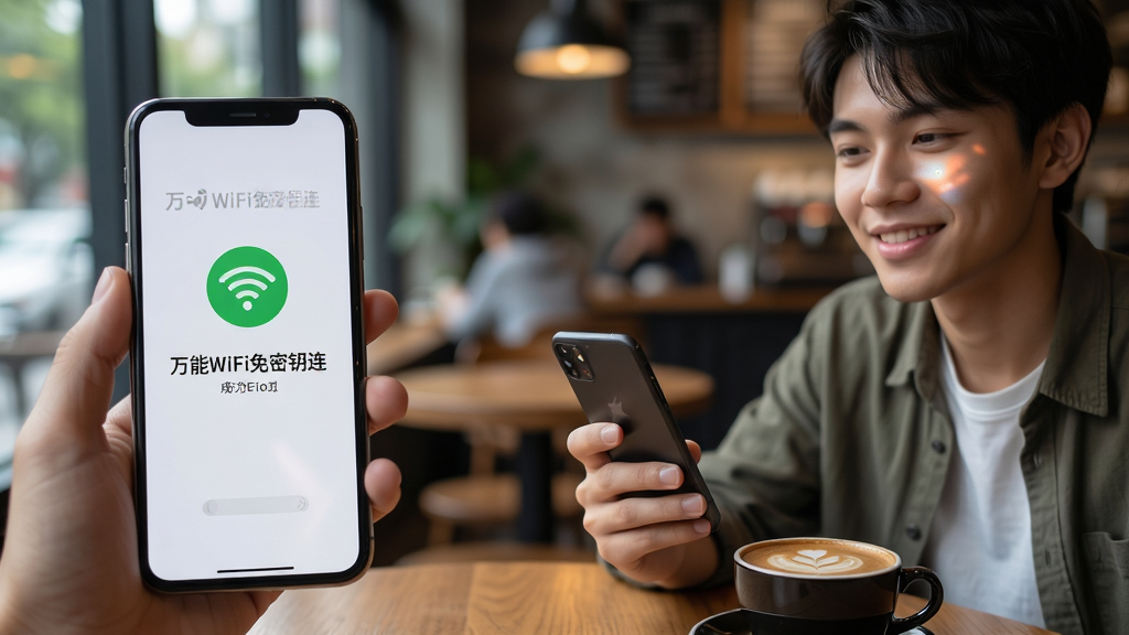 画面主体是一位年轻人坐在咖啡馆里手持手机,手机屏幕显示万能WiFi免密钥连的连接成功界面,桌面上放着一杯咖啡。布局采用三分法构图,人物位于右侧,左侧留白给手机屏幕特写。风格为写实生活摄影风格,细节上人物表情轻松,手机屏幕光映在脸上,背景是虚化的咖啡馆环境。画质为8K超高清,画面干净,无多余元素,手机屏幕文字为“万能WiFi免密钥连”。