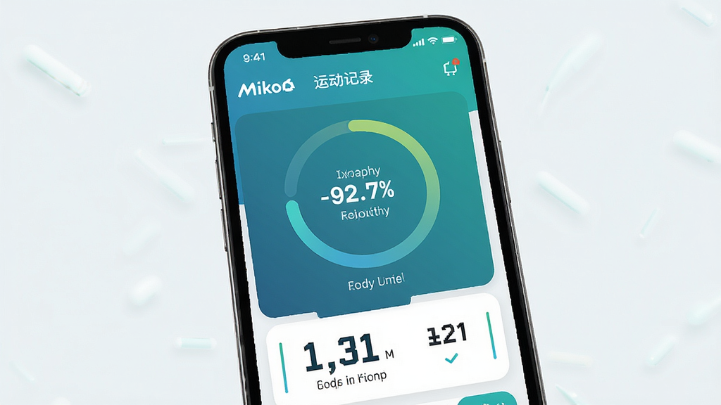 Miko轻运动记录界面,主体为手机屏幕显示步数统计图表,布局竖向排列,排版清晰,风格清新运动风,细节包含环形进度条和数字展示,画质高清,干净,无多余元素