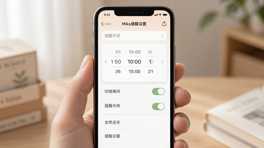 Miko提醒设置界面,主体为手机屏幕显示提醒选项列表,布局纵向排列,排版整洁,风格柔和舒适,细节包含时间选择器和开关控件,画质高清,干净,无多余元素