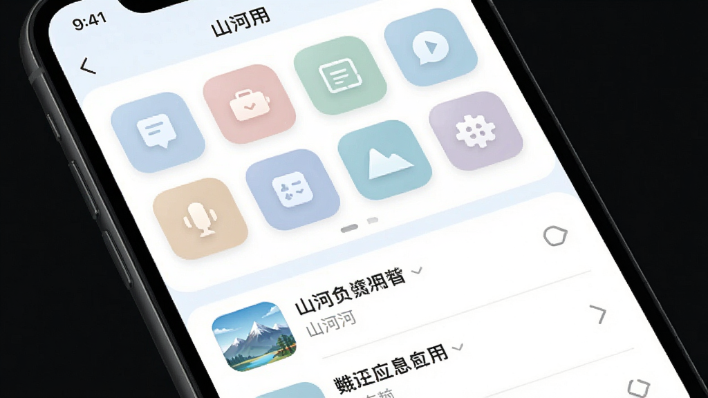 展示“山河”应用内页截图,页面布局分为上下两部分,上方为功能图标网格,下方为列表式信息流。图标采用圆角矩形设计,配色柔和。画面整体以白色和浅蓝色为主,干净整洁,画质细腻,无杂乱元素。