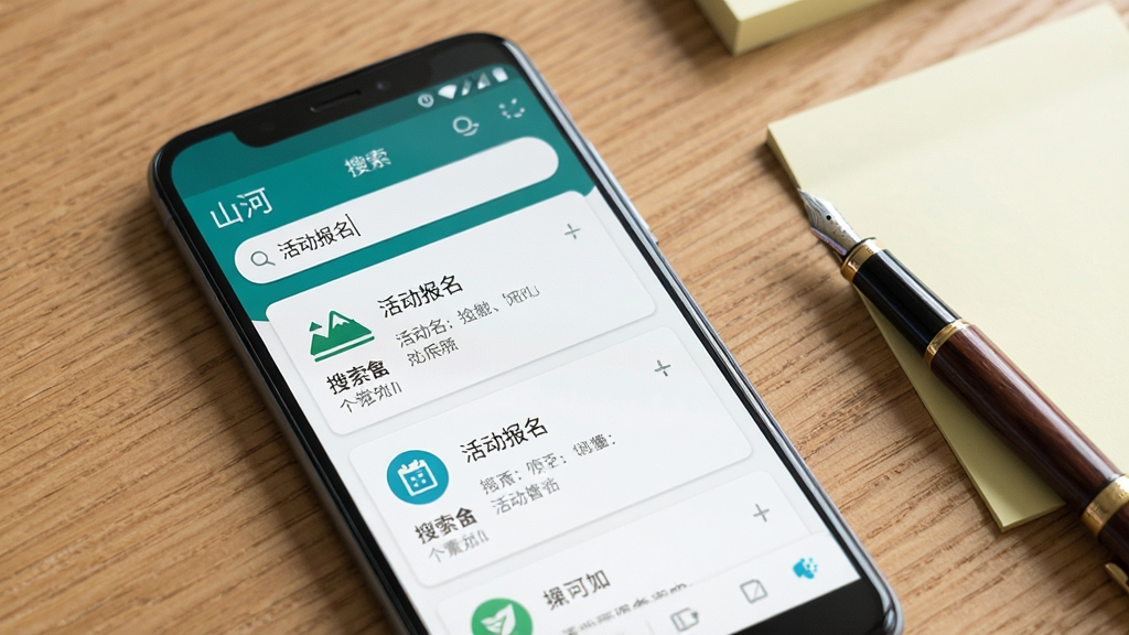 一部安卓手机放在木质桌面上,屏幕显示“山河”应用的搜索界面,搜索框内显示“活动报名”关键词,下方列出多条搜索结果卡片,每张卡片带有图标和简短说明。画面右侧有一支钢笔和一张便签纸,光线柔和,风格清新自然,画质高清,无多余装饰元素。