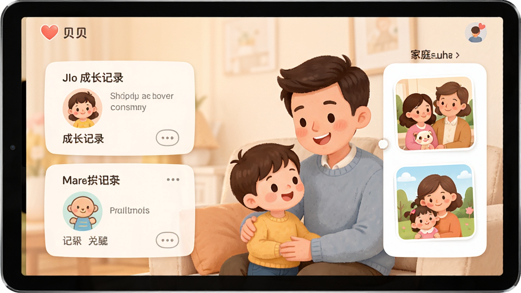 贝贝的朋友 软件主界面 展示温馨亲子互动场景 包含成长记录卡片和家庭相册模块 布局清晰 排版整齐 暖色调 卡通风格 细节丰富 画质高清 干净 无多余元素