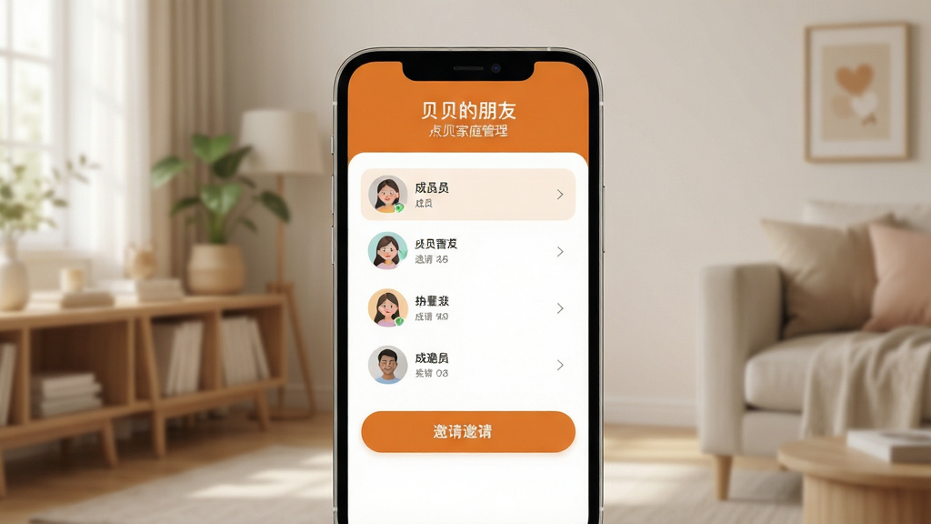 贝贝的朋友 家庭管理页面 显示成员列表和邀请按钮 界面简洁 操作按钮突出 配色温暖 布局合理 画质高清 干净 无多余元素