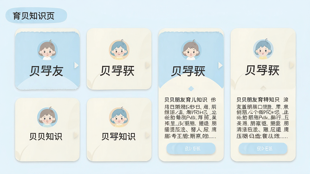 贝贝的朋友 育儿知识页面 卡片式布局 每张卡片配有小图标和简短标题 点击可展开详细内容 界面清爽 配色以浅蓝和米白为主 排版规整 画质高清 干净 无多余元素