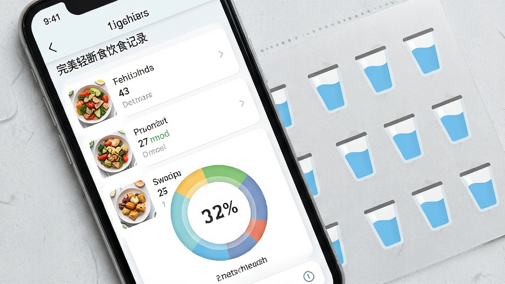 完美轻断食饮食记录页面,手机屏幕展示食物列表与热量环形图,饮水杯图标排列整齐,背景为浅灰质感,风格清新浅色,布局错落有致,细节清晰,画质高清,干净无多余元素。