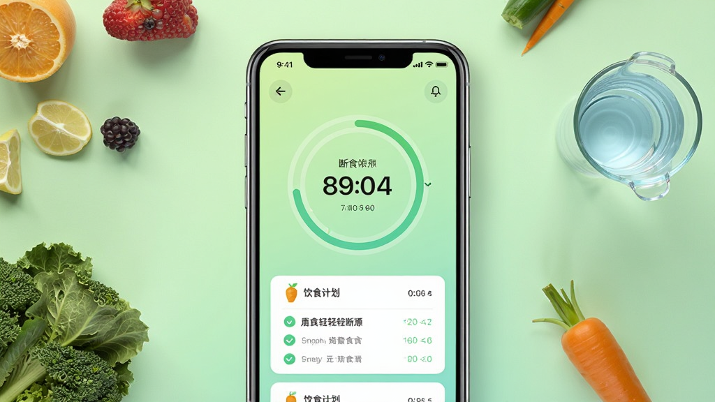 完美轻断食应用主界面展示,手机屏幕居中放置,背景为清新淡雅的浅绿色渐变,屏幕内显示断食计时圆环与饮食计划卡片,周围点缀水果、蔬菜、水杯等健康元素,整体布局简洁明快,风格现代扁平化,细节清晰可见,画质高清,干净无多余元素。
