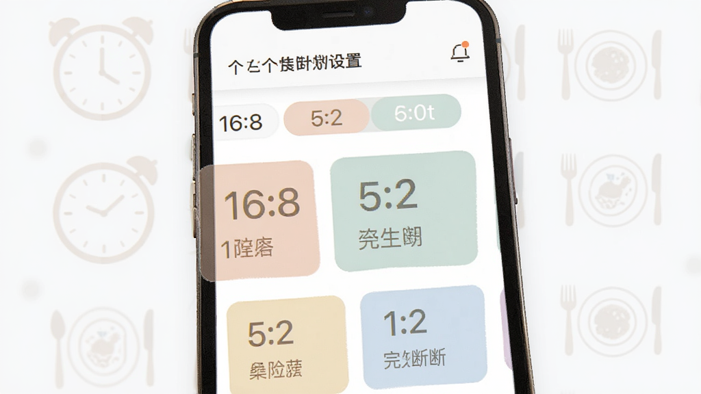 完美轻断食个性化计划设置界面,手机屏幕显示多种断食模式选项卡,包括16:8、5:2等,界面以卡片形式排列,配色柔和,背景有淡淡的时钟与餐盘图标,风格简约商务,细节精致,画质清晰,干净无多余元素。