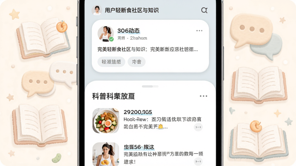 完美轻断食社区与知识页面,手机屏幕上半部分显示用户动态卡片,下半部分为科普文章列表,背景有轻微的书本与对话气泡装饰,风格柔和圆角,排版整齐,细节丰富,画质高清,干净无多余元素。