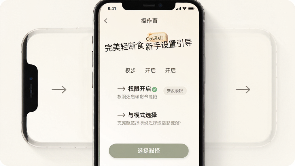 完美轻断食新手设置引导页面,手机屏幕展示分步操作指示,包括权限开启与模式选择,背景为柔和的米白色,有箭头与勾选图标,风格素雅极简,布局清晰,细节明了,画质高清,干净无多余元素。