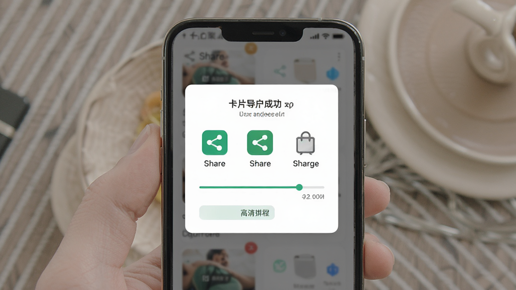 文案卡片导出分享功能展示图,画面主体为一部手机,屏幕显示卡片导出成功后的分享菜单界面,布局为居中弹窗式分享面板,风格为现代扁平化设计,细节包括分享图标、导出进度条、高清字样标识,画质清晰干净无多余元素