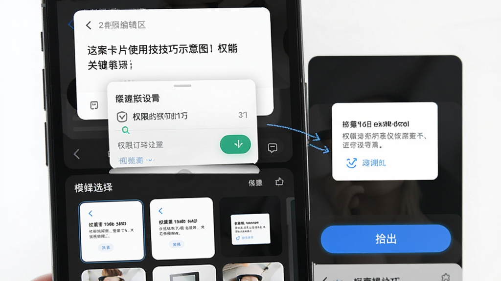 文案卡片使用技巧示意图,主体为手机屏幕展示文案卡片编辑界面,布局为上下结构上方文字编辑区下方模板选择栏,风格为清爽工具类应用截图风,细节包括权限设置弹窗、导出按钮高亮、卡片预览清晰,画质干净无多余元素