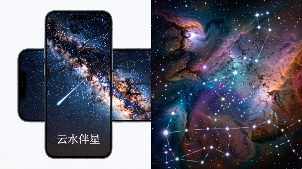 一部手机横屏展示动态星空场景,屏幕中繁星点点,银河横跨天际,画面下方有“云水伴星”字样,主体为手机与星空融合,布局为左右分栏,左侧为手机界面,右侧为放大后的星云细节,排版清晰,风格为梦幻写实,细节包括流星划过、星云色彩渐变、星座连线若隐若现,画质超清,干净,无多余元素