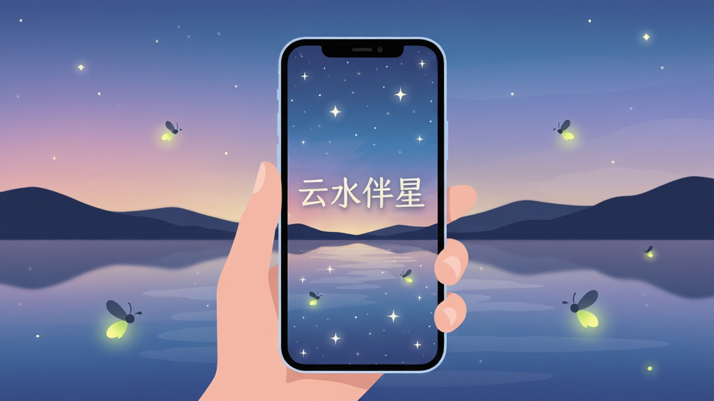 手机屏幕中央展示一片宁静的星空湖面,湖面倒映着点点星光,画面中央有“云水伴星”四个字,主体为一部手持智能手机,布局为竖屏展示,排版简洁居中,风格为治愈系扁平插画,细节包括柔和渐变夜空、远处的山峦剪影、几只发光的萤火虫,画质高清,干净,无多余元素