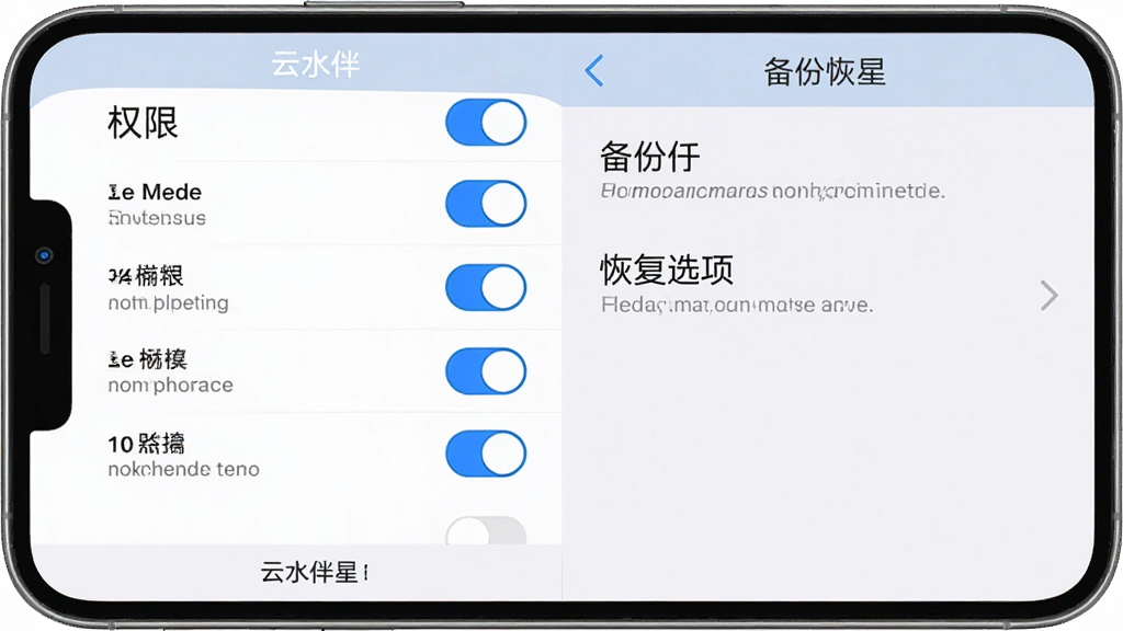 手机屏幕展示云水伴星设置界面,左侧为权限开关列表,右侧为备份恢复选项,主体为手机界面,布局为上下分栏,排版清晰,风格为扁平化设计,细节包括蓝色高亮开关、灰色说明文字、底部“云水伴星”版本信息,画质高清,干净,无多余元素