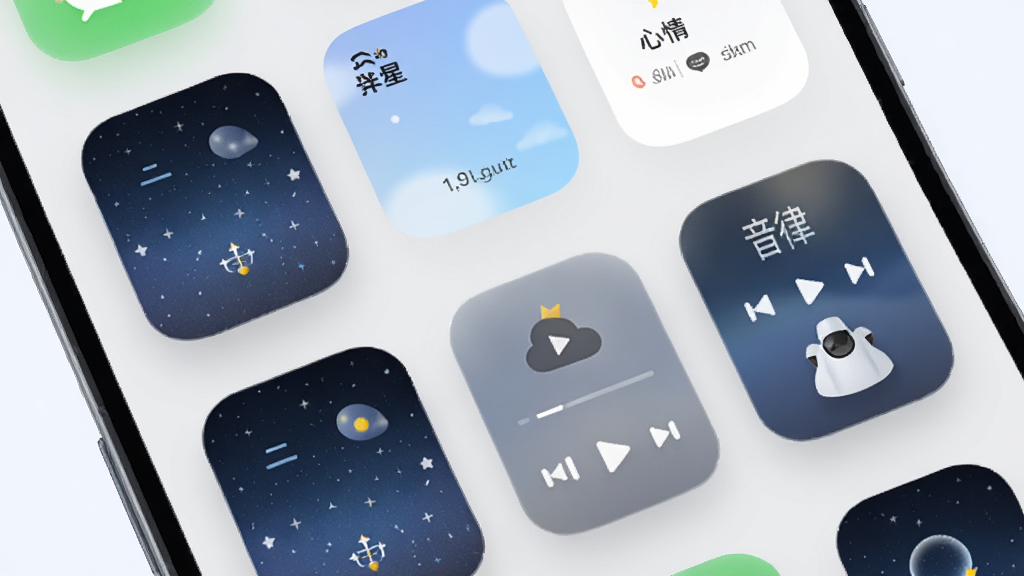 手机桌面展示多个云水伴星小组件,包括星空预览、心情卡片和音律播放按钮,主体为手机桌面,布局为网格排列,排版错落有致,风格为现代简约,细节包括圆角图标、柔和阴影、浅色背景,画质高清,干净,无多余元素