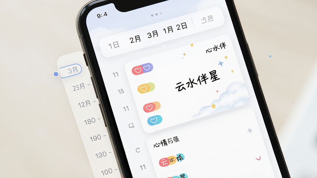 手机屏幕显示心情记录界面,左侧为日历时间线,右侧为心情卡片,卡片上有“云水伴星”小字,主体为手机界面特写,布局为上下结构,上方为日期选择器,下方为心情列表,排版整齐,风格为清新简约,细节包括彩色心情标签、柔和背景、手写字体效果,画质高清,干净,无多余元素
