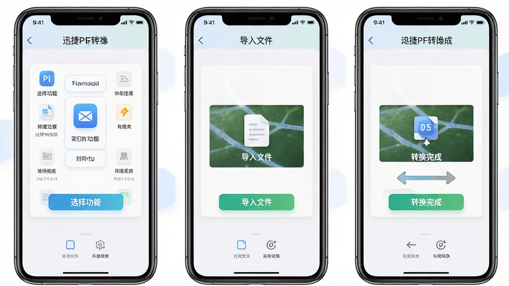 迅捷PDF转换器移动端操作步骤示意图,画面分为三个手机屏幕并排展示,从左到右依次为选择功能、导入文件、转换完成,界面为浅色主题,图标清晰,排版整齐,风格简洁明快,细节丰富,画质高清,干净无多余元素