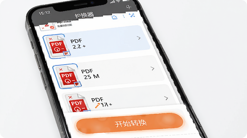 迅捷PDF转换器批量转换功能界面,画面展示手机屏幕中多个PDF文件列表同时被选中,下方有开始转换按钮,背景为白色与淡灰色搭配,排版简洁,风格清爽,细节清晰,画质高清,干净无多余元素