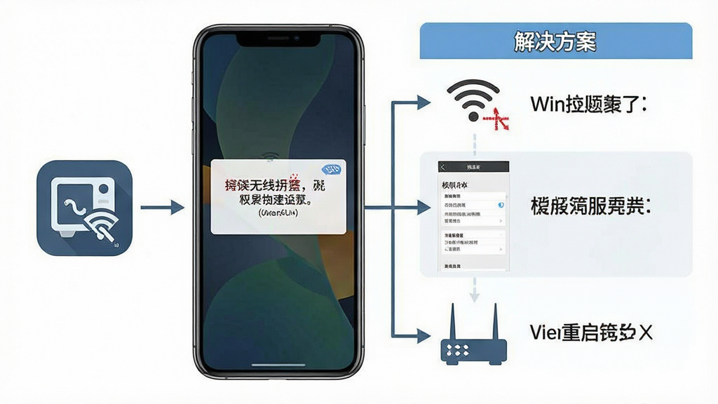 一张展示无线投屏助手常见问题解决步骤的流程图,主体是手机屏幕显示错误提示,旁边有解决步骤列表,布局为左右结构,左侧问题图标,右侧解决方案,风格为简洁信息图风格,细节包括WiFi断开图标、权限设置界面、重启路由器示意,画质清晰,干净,无多余元素