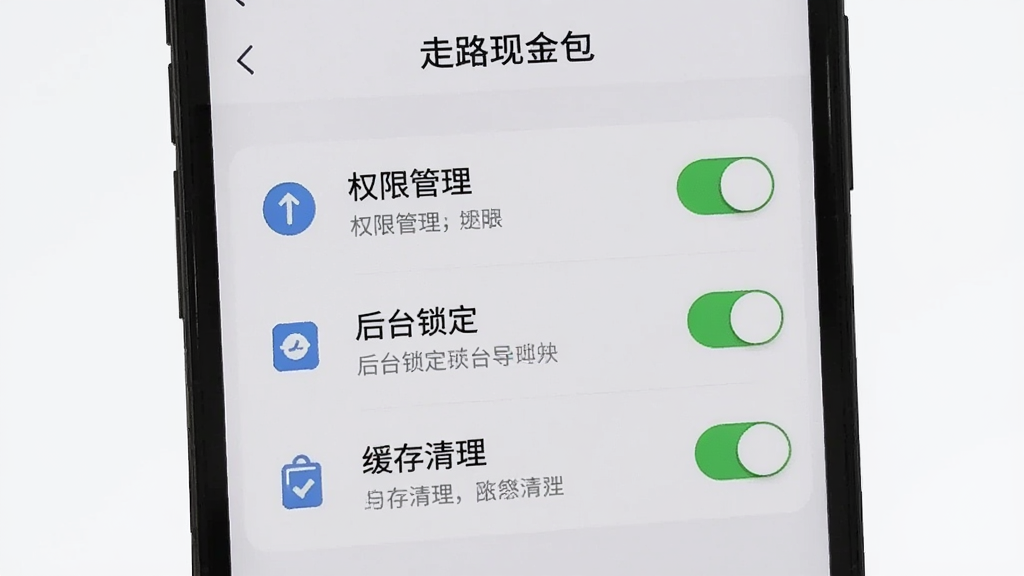 手机屏幕显示“走路现金包”设置页面,页面中包含权限管理、后台锁定、缓存清理等选项,背景为浅灰色,图标简洁,风格素雅极简,细节包含开关按钮和文字说明,画质清晰,画面干净,无多余元素