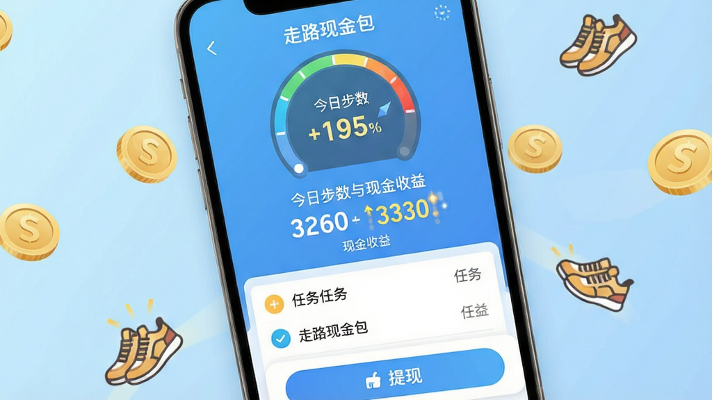 手机屏幕中央显示“走路现金包”应用主界面,界面顶部有步数统计圆形仪表盘,中间显示今日步数与现金收益数字,底部有任务列表和提现按钮,背景为浅蓝色渐变,周围散落金币和运动鞋图标,整体布局清晰,风格清新简约,细节包含数字跳动效果,画质高清,画面干净,无多余元素