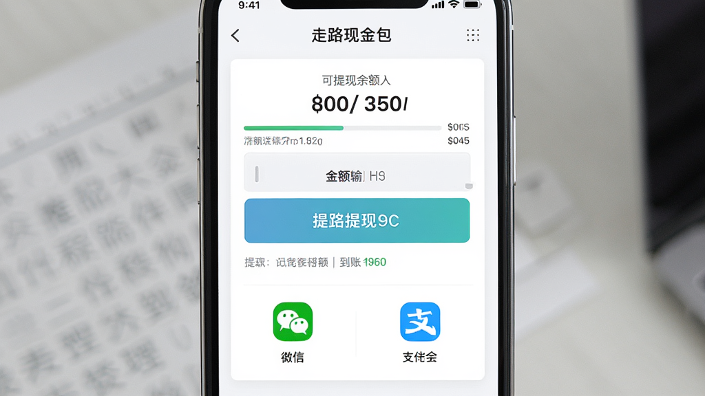 手机界面截图风格,展示“走路现金包”提现页面,页面中央有提现按钮和金额输入框,下方列出微信和支付宝图标,背景为白色卡片式布局,顶部显示可提现余额,风格简洁商务,细节包含进度条和到账提示,画质高清,画面干净,无多余元素