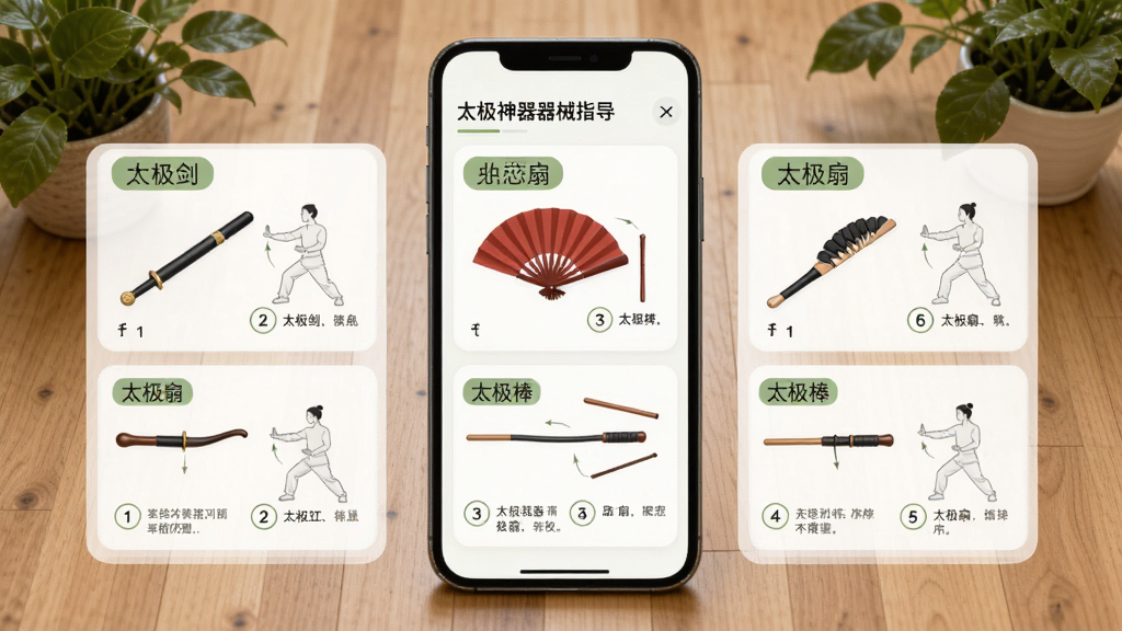太极神器器械指导页面,画面展示手机屏幕中显示太极剑、太极扇、太极棒等器械的图文介绍,每种器械旁边配有使用示意图和文字说明,背景为木质地板与绿植,风格为清爽简约的卡片式布局,细节包含器械名称标签、练习步骤编号,画质高清,干净,无多余元素