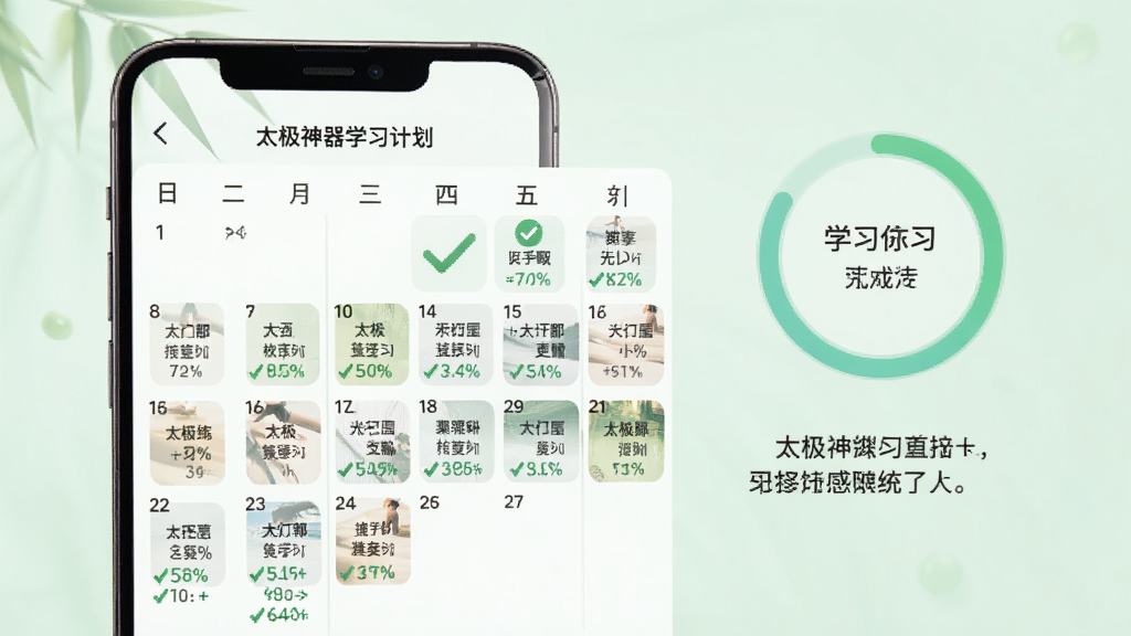 太极神器学习计划界面,画面展示手机屏幕中显示日历式学习计划表,每天标注不同的太极练习任务,旁边有进度圆环和鼓励文字,背景为柔和的浅绿色,风格为清新极简设计,布局上日历占据主体,细节包含打勾完成图标、进度百分比,画质高清,干净,无多余元素