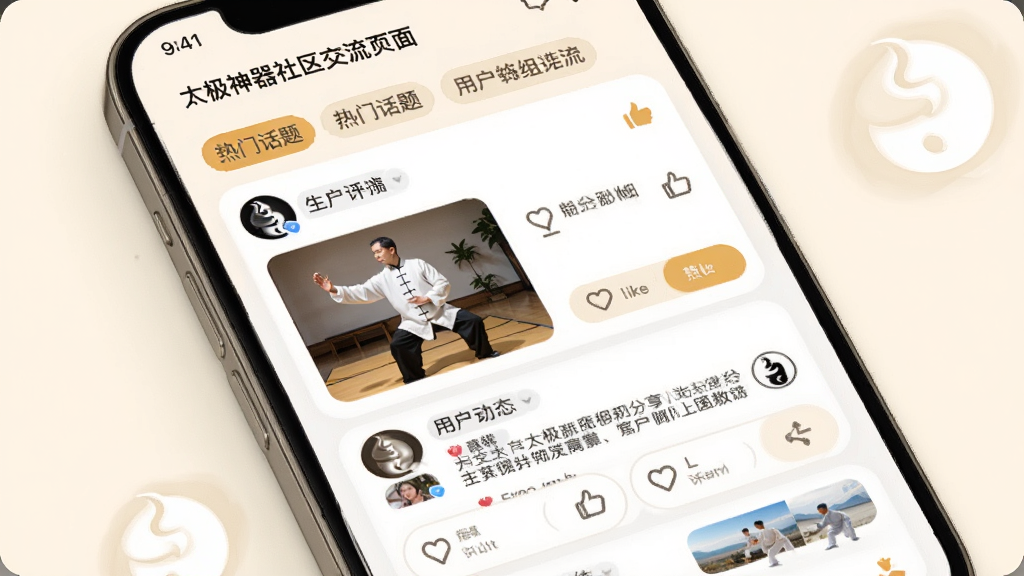 太极神器社区交流页面,画面展示手机屏幕中显示用户动态列表,包含太极练习照片、文字分享和点赞评论按钮,顶部有热门话题标签,背景为温暖的米白色,风格为现代社交应用卡片式布局,细节包含用户头像、太极图标、互动图标,画质高清,干净,无多余元素