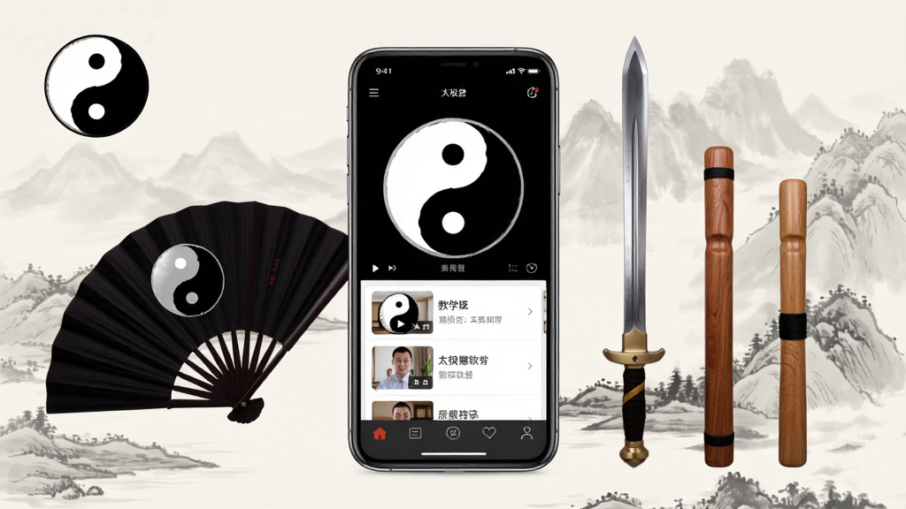 太极神器软件主界面展示,画面中央是手机屏幕,屏幕内显示太极图案与教学视频列表,周围环绕太极器械如太极扇、太极剑、太极棒,背景为淡雅的水墨山水风格,主体突出,布局居中对称,排版清晰,风格为中国风简约设计,细节包含太极阴阳鱼图标、视频缩略图、底部导航栏,画质高清,干净,无多余元素