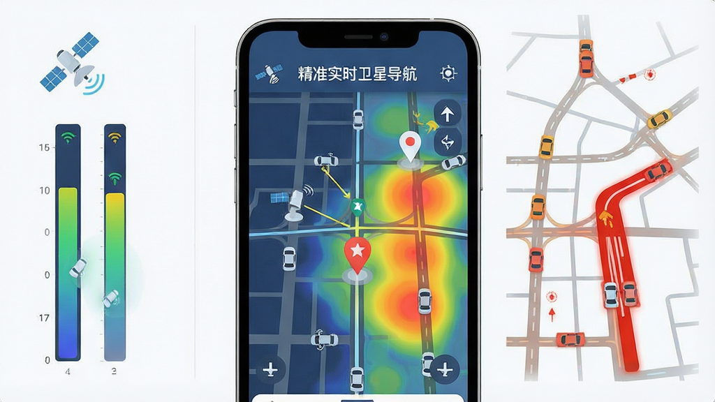 精准实时卫星导航应用功能展示图,画面中央为手机屏幕,屏幕内显示多星定位示意图与实时路况热力图,布局采用左右分栏,左侧为卫星信号强度条,右侧为拥堵路段红色标注,风格为扁平化科技插画,细节包括