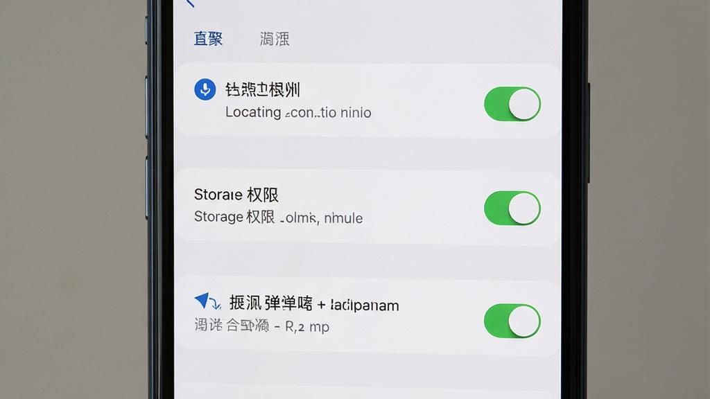 一张展示手机导航应用权限设置界面的图片,主体为手机屏幕显示应用权限列表,布局为纵向排列,排版清晰,风格为系统设置界面写实风格,细节包括定位权限、存储权限、后台弹出界面权限的开关按钮,画质高清,干净,无多余元素
