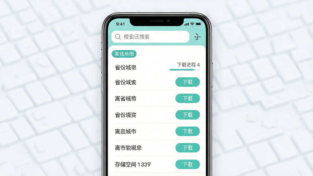 精准实时卫星导航离线地图功能示意图,主体为手机屏幕显示已下载区域地图列表,布局为上下结构,上方为搜索栏,下方为省份城市列表与下载按钮,风格为清新浅色系UI,细节包括