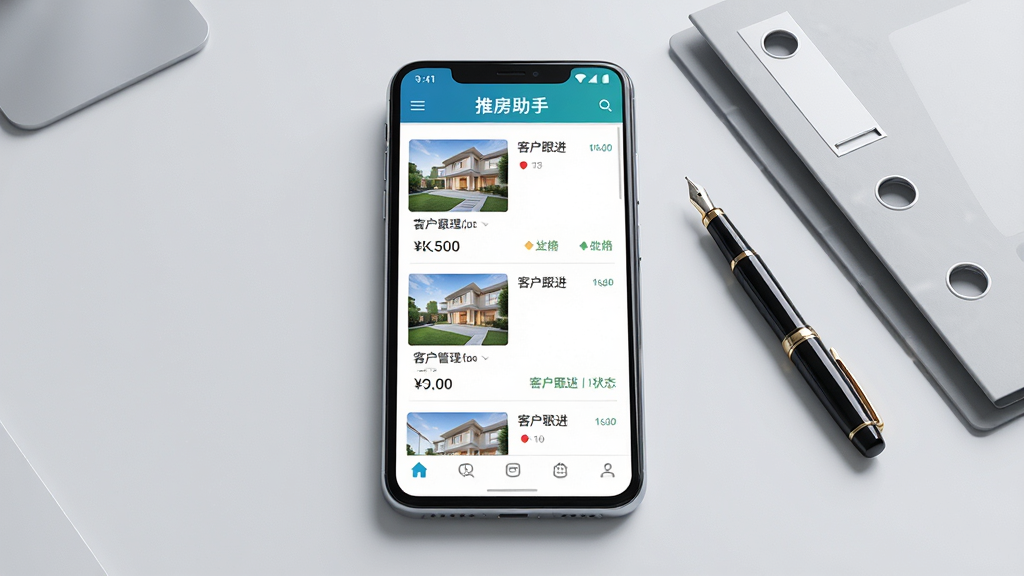 一张展示推房助手软件主界面的高质量产品截图风格图片,主体为一部安卓手机屏幕,屏幕上清晰展示推房助手App的房源管理列表页面,包含房源图片缩略图、价格标签和客户跟进状态标识,布局采用居中构图,手机放置在干净的浅灰色桌面上,旁边放着一支钢笔和一个简约的文件夹,风格为现代商务科技风,细节包括手机边框的高光反射和屏幕内图标的清晰纹理,画质为4K超清,干净无多余元素,画面中文字为“推房助手”