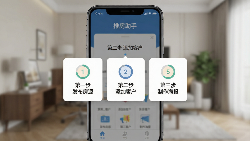 一张展示推房助手新手操作引导界面的AI生成图片,主体为一部安卓手机屏幕显示分步操作指引浮层,浮层上标注着“第一步 发布房源”“第二步 添加客户”“第三步 制作海报”的步骤提示,布局采用居中对齐的卡片式构图,风格为简洁友好的扁平化UI风格,细节包括步骤数字的圆形进度标识和背景的轻微模糊效果,画质为高清UI展示图,干净无多余元素,画面中文字为“推房助手”
