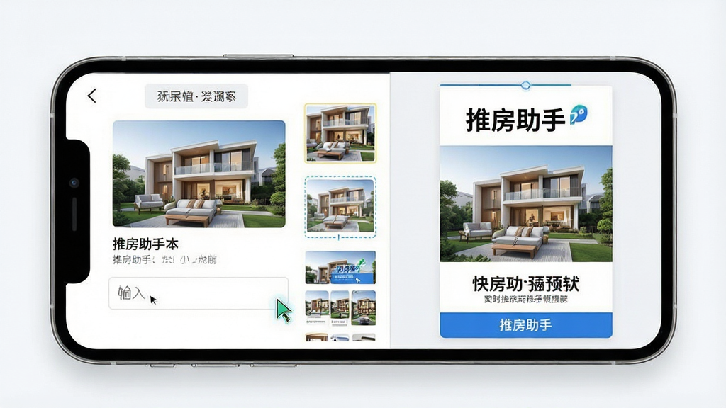 一张展示推房助手房源海报快速生成功能的AI生成图片,主体为一部手机屏幕显示海报编辑界面,界面左侧是房源图片和文字输入框,右侧是实时预览的海报效果图,布局采用左右分栏构图,风格为清新明快的UI设计风格,细节包括模板缩略图的多样性和编辑界面的光标闪烁效果,画质为高清UI展示图,干净无多余元素,画面中文字为“推房助手”