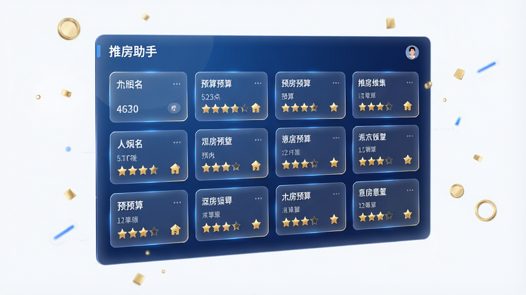 一张展示推房助手客户线索智能管理功能的AI生成图片,主体为一块悬浮的半透明数据看板,看板上排列着多个客户信息卡片,每个卡片包含姓名、预算和意向星级,布局采用网格化排列,看板背景为深蓝色渐变,风格为现代数据可视化风格,细节包括卡片边缘的微光和星级图标的金色质感,画质为高清渲染,干净无多余元素,画面中文字为“推房助手”