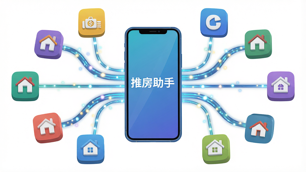 一张展示推房助手一键多平台推广功能的AI生成图片,主体为一部智能手机悬浮在画面中央,手机屏幕向外延伸出多条发光的数据线连接着多个不同颜色的房产平台图标,布局采用放射状构图,手机位于中心位置,风格为扁平化科技插画风,细节包括每条数据线上流动的光点和平台图标的立体质感,画质为高清矢量风格,干净无多余元素,画面中文字为“推房助手”