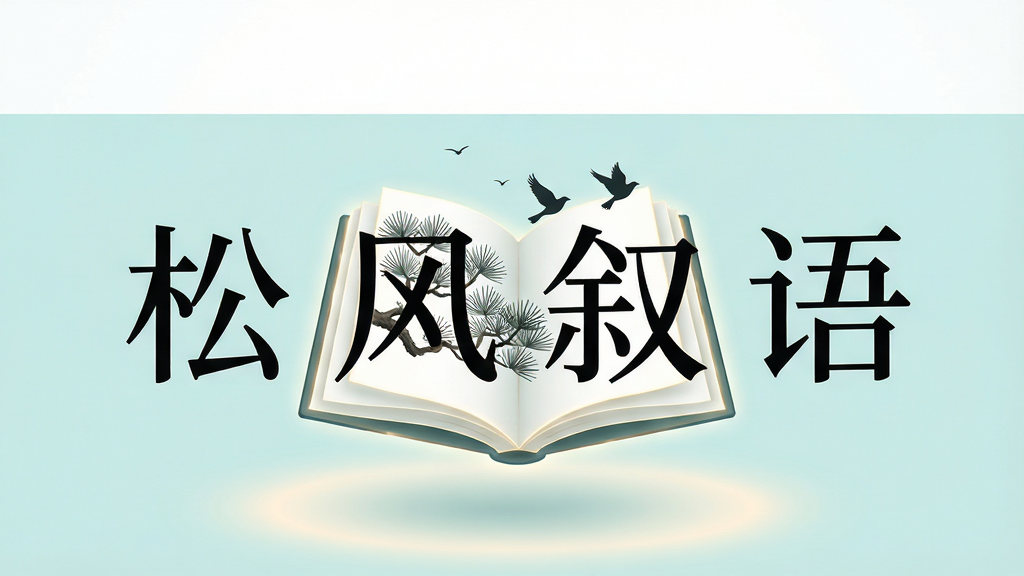 软件核心全貌展示,画面中央是一本半开的电子书悬浮在浅青色背景上,书页间飘出松枝与飞鸟的剪影,四周环绕着“松风叙语”四个字,主体居中布局,上方留白,下方是柔和的渐变光晕,整体排版干净疏朗,风格为东方极简插画,细节上松针纹理清晰、书页边缘有微光,画质细腻干净,无多余元素