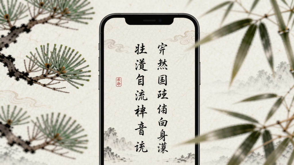 手机屏幕中显示一段竖排古诗,背景是淡淡的宣纸纹理,屏幕四周有松枝和竹叶的虚化前景,主体是手机与文字,布局为居中特写,风格为清新国风数码插画,细节上文字边缘锐利、背景纹理柔和,画质清晰干净,无多余元素