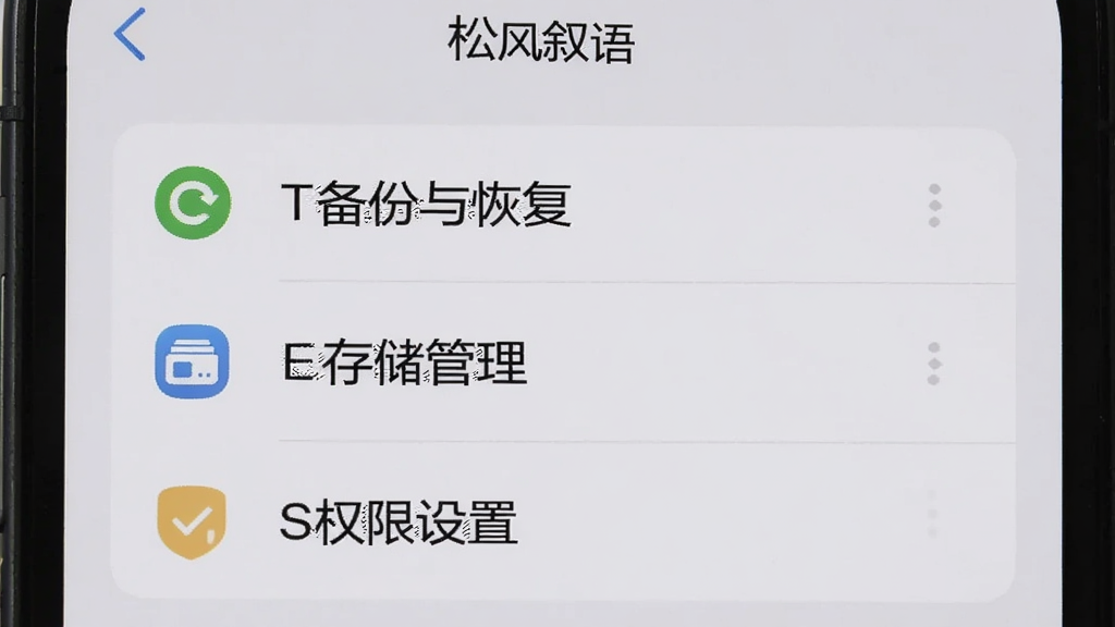 手机屏幕显示松风叙语的设置页面,页面中有“备份与恢复”“存储管理”“权限设置”等选项,背景是浅灰色,主体是手机界面特写,布局为居中,风格为扁平化UI展示,细节上图标清晰、文字可读,画质干净无多余元素