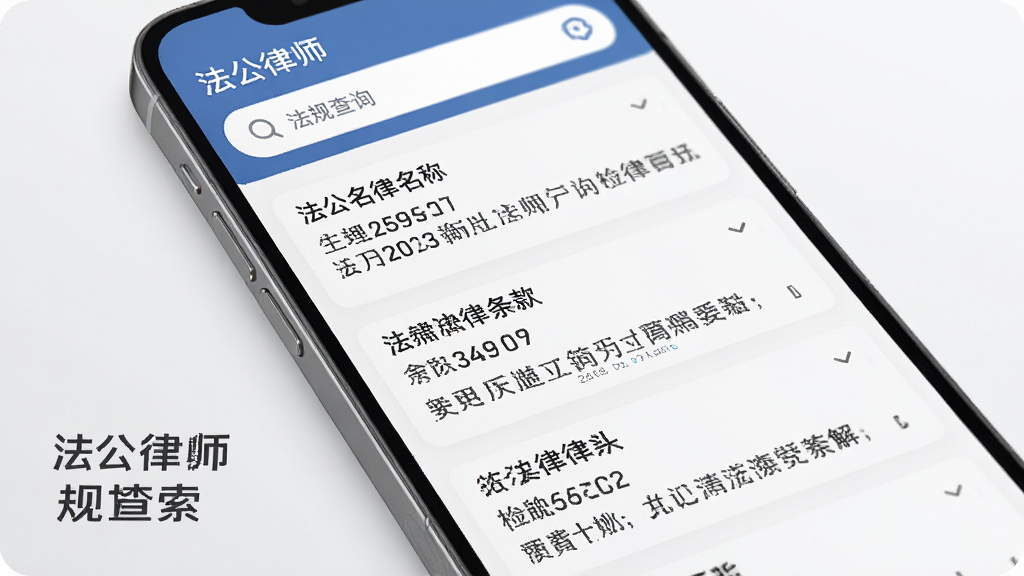 法公律师法规检索功能界面图,画面展示手机屏幕中呈现法律条文搜索结果列表,每条结果包含法律名称、条款编号和简要解读,屏幕上方有搜索框,背景为白色和浅灰色搭配,界面风格清爽简约,画质清晰锐利,图中包含文字