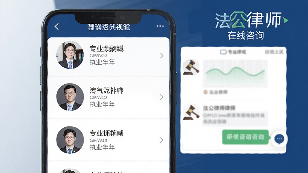 法公律师在线咨询功能展示图,画面展示一部手机屏幕中显示律师列表页面,每位律师头像旁标注专业领域和执业年限,屏幕右侧弹出聊天咨询窗口,画面风格为扁平化商务风,主色调为深蓝色与白色搭配,背景简洁干净,画质高清,图中包含文字