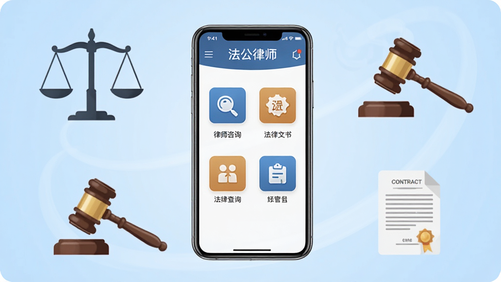 法公律师软件主界面展示图,画面中央是一部智能手机,手机屏幕上显示法公律师APP的首页界面,界面包含律师咨询、法律文书、法规查询等功能入口图标,背景为浅蓝色渐变,整体风格简洁专业商务,手机周围环绕法律天平、法槌、合同文件等法律元素图标,构图居中对称,画质清晰干净,无多余杂乱元素
