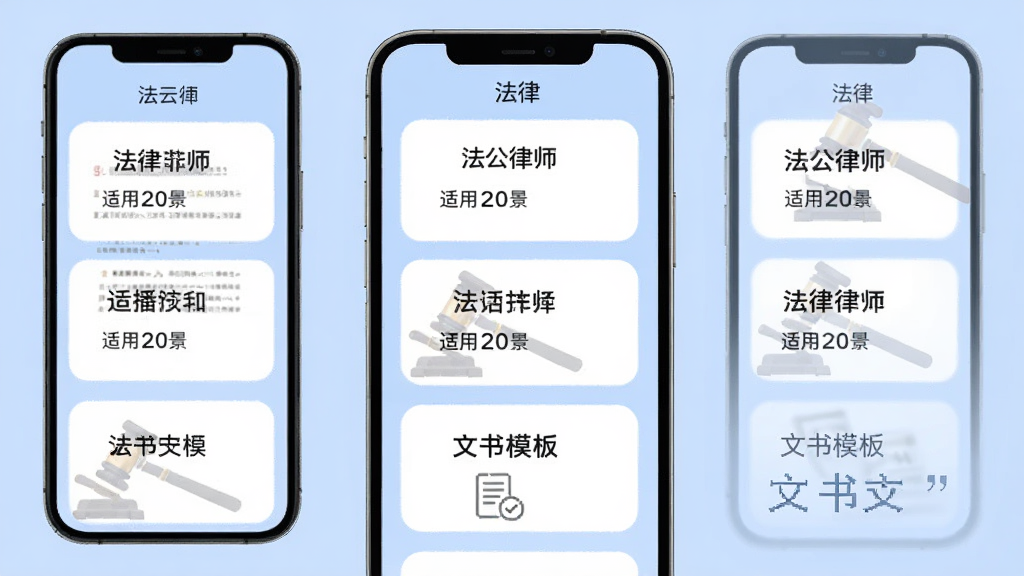 法公律师法律文书模板页面图,画面展示手机屏幕中排列着多种法律文书模板卡片,卡片上标注文书名称和适用场景,屏幕背景为淡蓝色,卡片为白色圆角设计,整体风格清新简洁,画质高清干净,图中包含文字