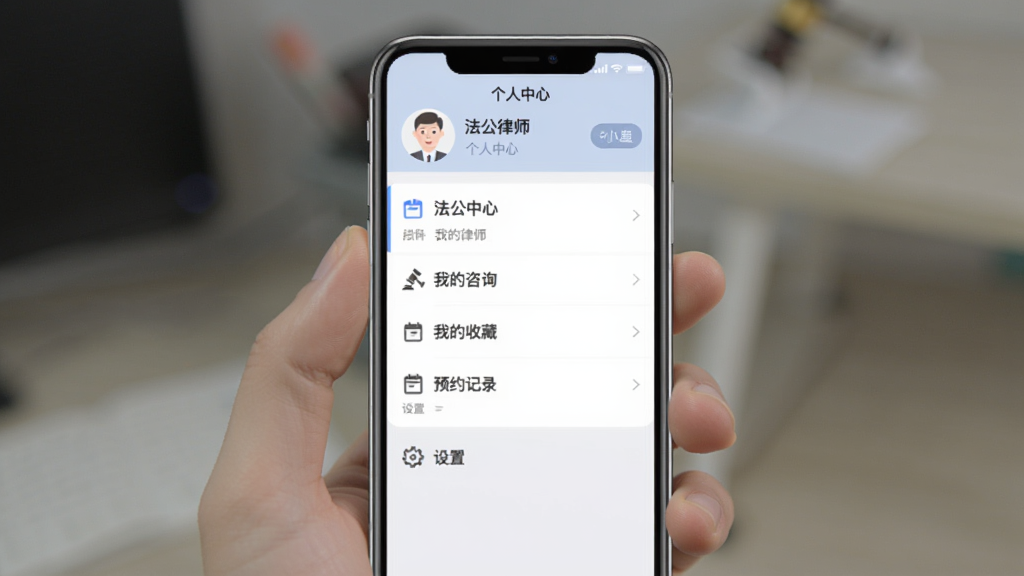 法公律师移动端操作界面截图,画面展示一部手机竖屏显示法公律师个人中心页面,页面包含我的咨询、我的收藏、预约记录、设置等菜单选项,界面风格为浅色简约设计,顶部有用户头像和昵称区域,画质清晰,图中包含文字