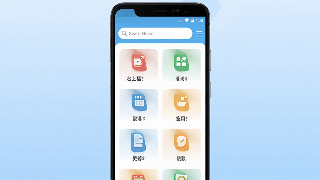 名上福手机应用主界面展示,画面中央放置一部安卓手机,屏幕显示名上福应用首页,布局包含顶部搜索栏与下方功能图标网格,背景为浅蓝渐变纯色,风格简洁现代,细节清晰,画质干净,无多余元素
